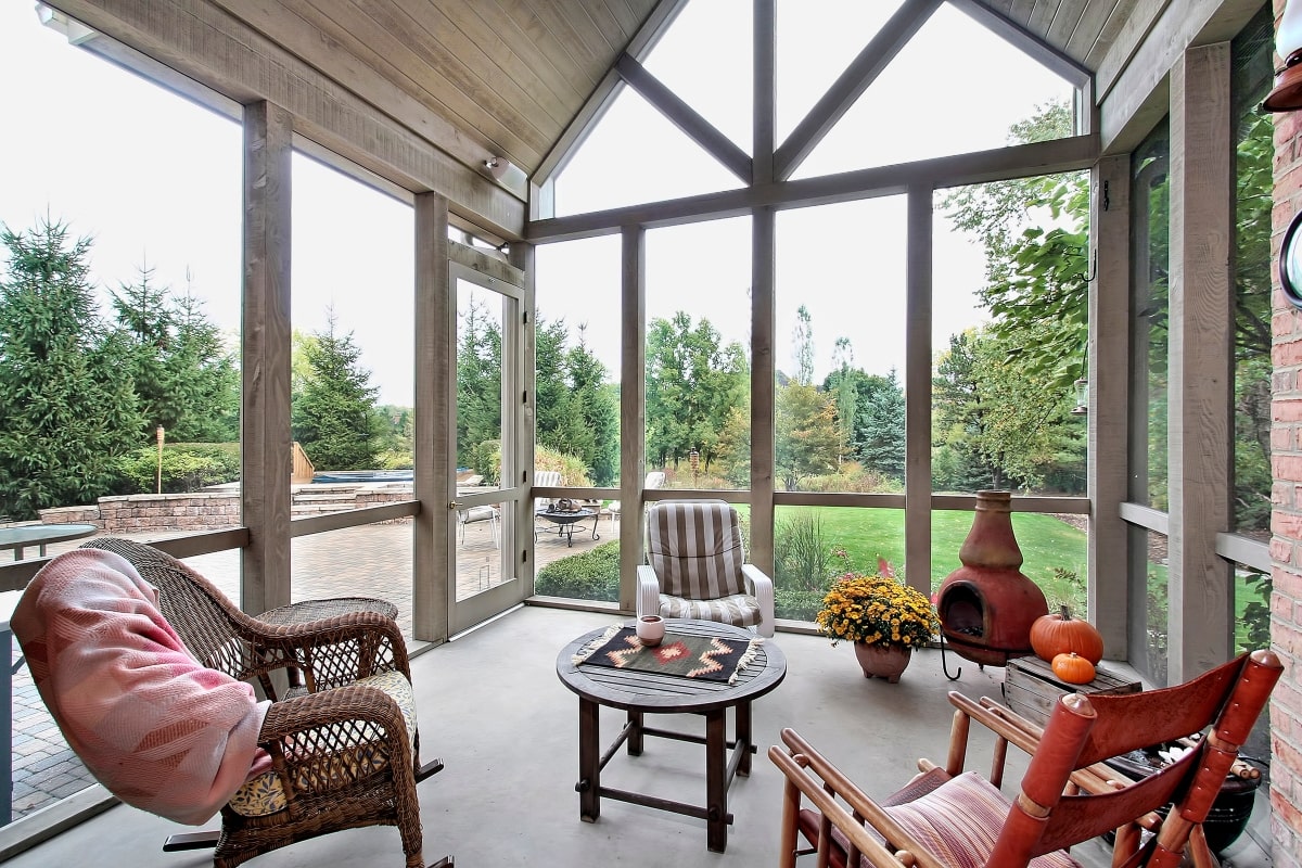 Alfresco enclosure with security screens and garden view.