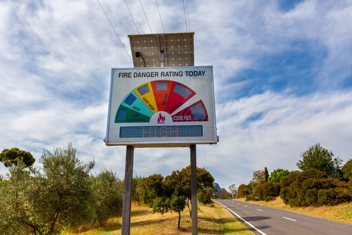 What Is a Bushfire Attack Level (BAL) and Why It Matters for Your Home 3 Australian roadside fire danger rating sign displaying colour-coded bushfire risk levels, from low-moderate to code red.