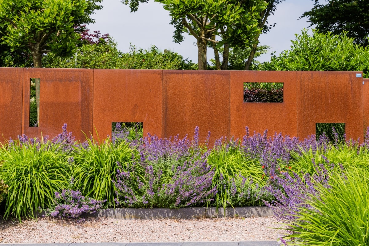 A rust-coloured metal garden screen amidst vibrant lavender plants, showcasing a modern design for outdoor screens for patios.
