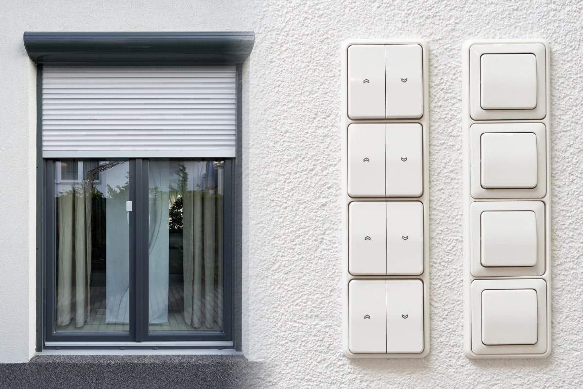 An electric roller shutter installed on a window with a panel of control switches beside it, representing a modern noise reduction solution for homeowners.