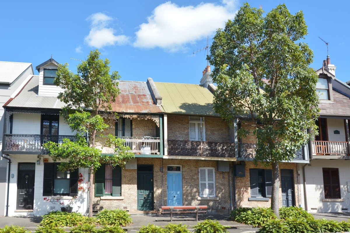 Terrace houses in the typical Victorian style of Australia.